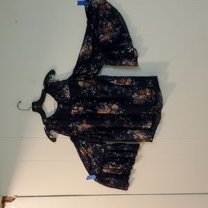 Lucky Brand Floral Cold Shoulder Blouse - Navy and Orange